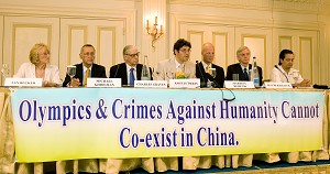 CHINA RIGHTS ACTIVISTS: From left to right, Jan Becker, Greek businessman Michael Ghiolman, Dr. Charles Graves, Press conference moderator Kostas Tsalis, Martins Rubenis, David Kilgour, and an unnamed translator. (Jan Jekielek/The Epoch Times)